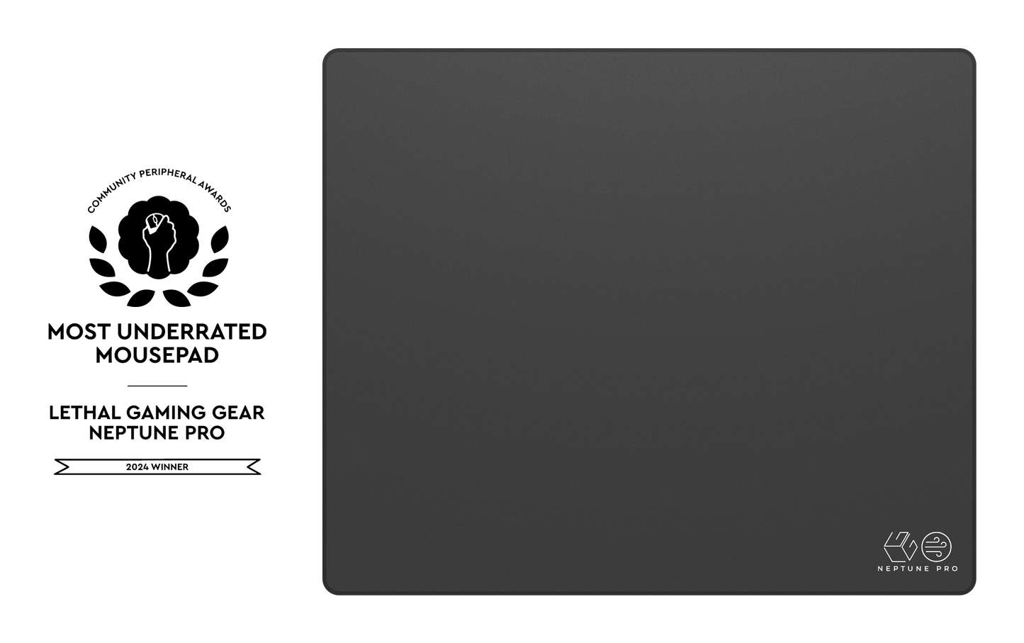 Lethal Gaming Gear Neptune Pro XSoft XL mousepad in dark grey with Most Underrated Mousepad award badge