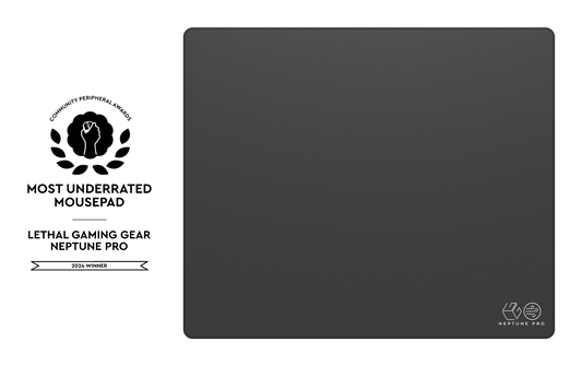Lethal Gaming Gear Neptune Pro XSoft XL mousepad in dark grey with Most Underrated Mousepad award badge