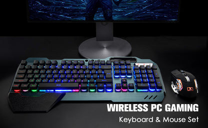 Wireless gaming Keyboard and Mouse Set Rainbow/RGB Backlit Rechargeable Keyboard and 7 Color Gaming Mute Mouse with Pad