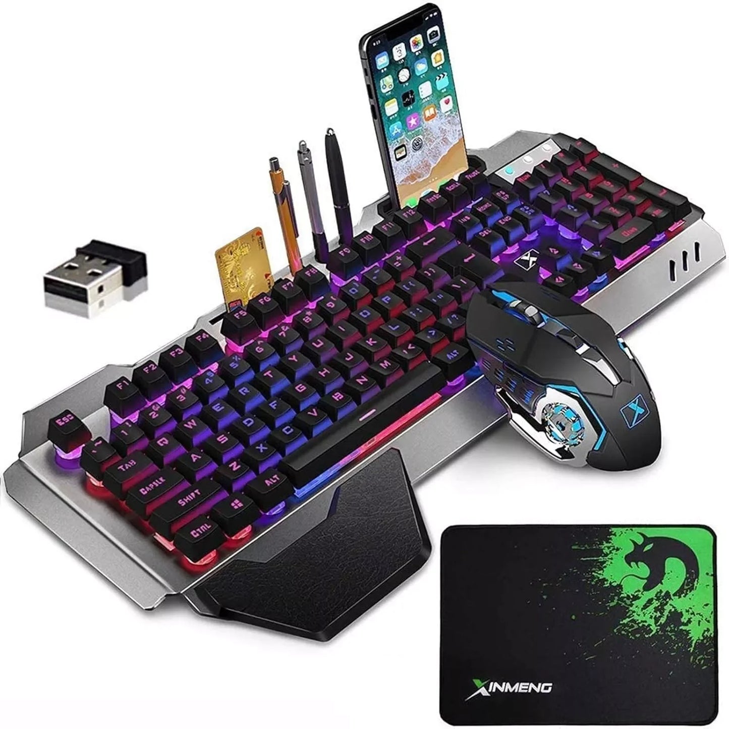 Wireless gaming Keyboard and Mouse Set Rainbow/RGB Backlit Rechargeable Keyboard and 7 Color Gaming Mute Mouse with Pad