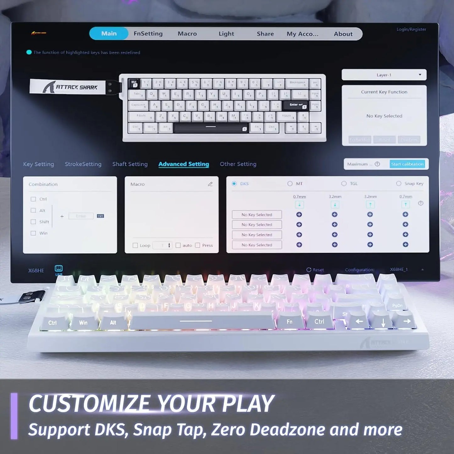 ATTACK SHARK X68 HE Rapid Trigger 8KHz Magnetic Keyboard, 0.01mm RT Accuracy, 60% Layout, RGB, Support RT/Snap Tap/DKS/MT/TGL