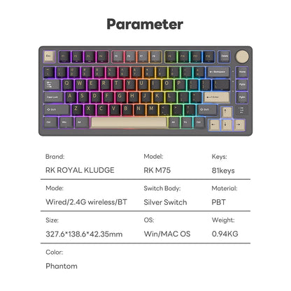 RK ROYAL KLUDGE M75 Gasket Mechanical Keyboard 2.4G Wireless/Bluetooth/USB 75% RGB Hot-Swappable Gaming Keyboard with Display