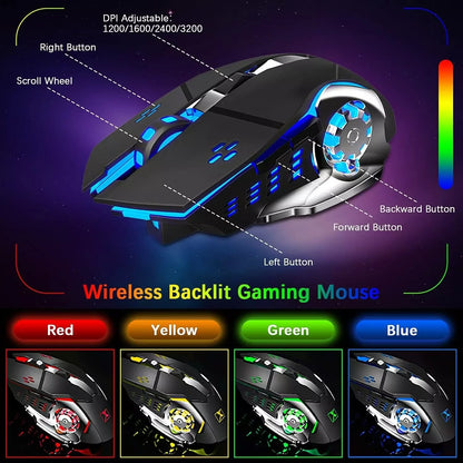 Wireless gaming Keyboard and Mouse Set Rainbow/RGB Backlit Rechargeable Keyboard and 7 Color Gaming Mute Mouse with Pad