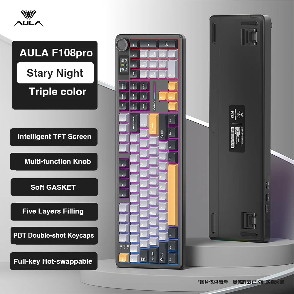 AULA F108pro Wireless Bluetooth Keyboard Macro Gaming keyboard Gasket Hot-swap Full Size Keyboard with TFT Smart Display