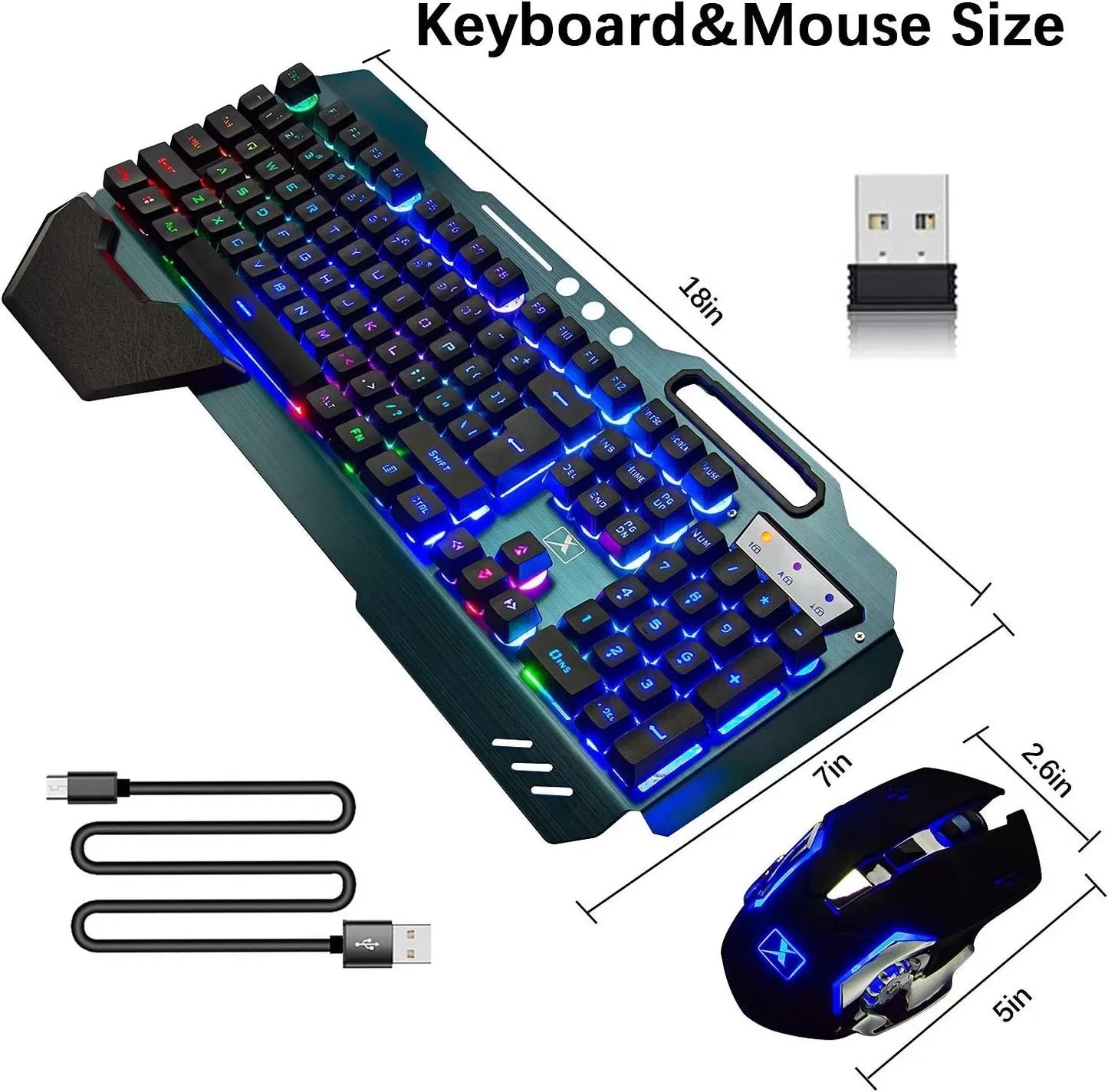 Wireless gaming Keyboard and Mouse Set Rainbow/RGB Backlit Rechargeable Keyboard and 7 Color Gaming Mute Mouse with Pad