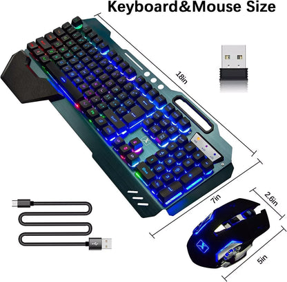 Wireless gaming Keyboard and Mouse Set Rainbow/RGB Backlit Rechargeable Keyboard and 7 Color Gaming Mute Mouse with Pad