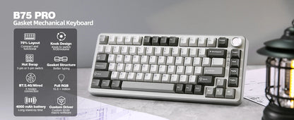 YUNZII B75 PRO 82-Key Wireless Mechanical Gaming Keyboard, Gasket Hot Swap Custom RGB 75% BT/Type-C/2.4G Creamy Knob Keyboard