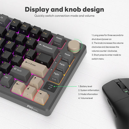 RK ROYAL KLUDGE M75 Gasket Mechanical Keyboard 2.4G Wireless/Bluetooth/USB 75% RGB Hot-Swappable Gaming Keyboard with Display