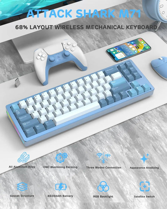 ATTACK SHARK M71 75% TKL Aluminum CNC Wireless Mechanical Keyboard, Hot-swap, RGB NKRO Gaming Custom Gasket Keyboard,4600mAh