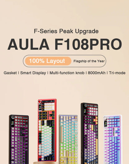 AULA F108pro Wireless Bluetooth Keyboard Macro Gaming keyboard Gasket Hot-swap Full Size Keyboard with TFT Smart Display